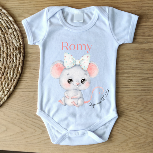 Body bébé date & prénom - ANIMAL SOURIS Romy