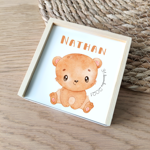 Boîte en bois date & prénom enfant - ANIMAL OURSON Nathan