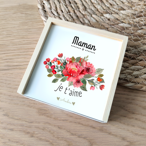 Boîte en bois message & prénom - JE T'AIME Bouquet