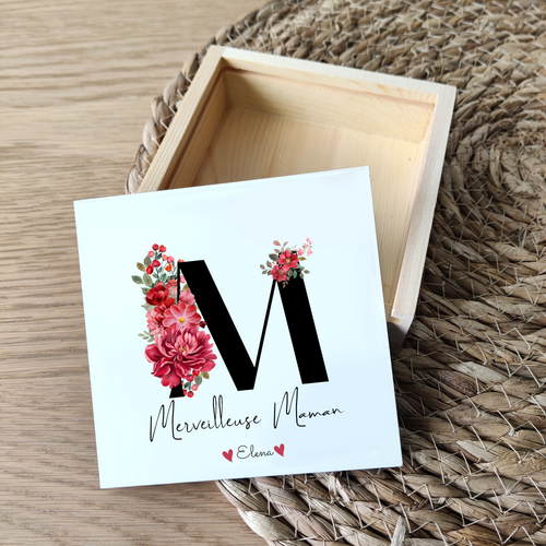 Boîte en bois message & prénom - M MAJUSCULE Bouquet