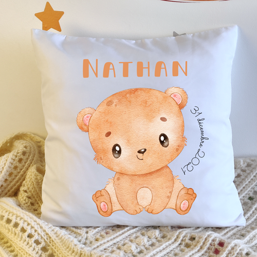 Coussin date & prénom enfant - ANIMAL OURSON Nathan