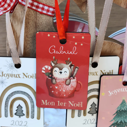 Déco sapin de Noël prénom - MON 1ER NOËL Petit renne rouge