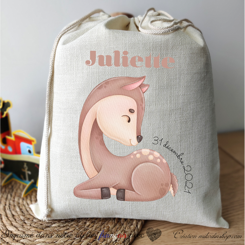 Grand sac à cordon date & prénom enfant - ANIMAL BICHE Juliette