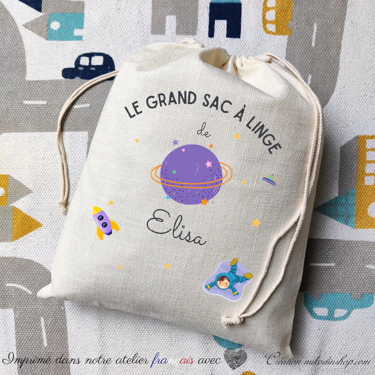 Grand sac à linge message prénom enfant ELISA Astronaute