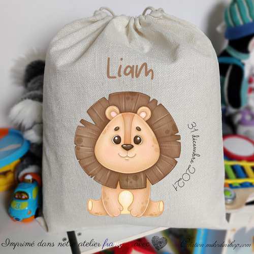 Grand sac à cordon date & prénom enfant - ANIMAL LION Liam