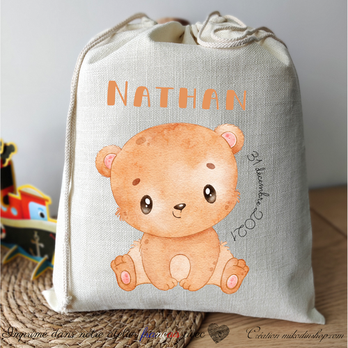 Grand sac à cordon date & prénom enfant - ANIMAL OURSON Nathan