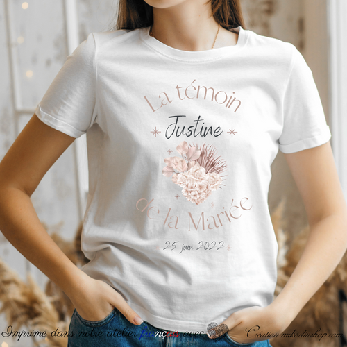 Tee-shirt prénom & date - TÉMOIN DE LA MARIÉE Rose poudrée