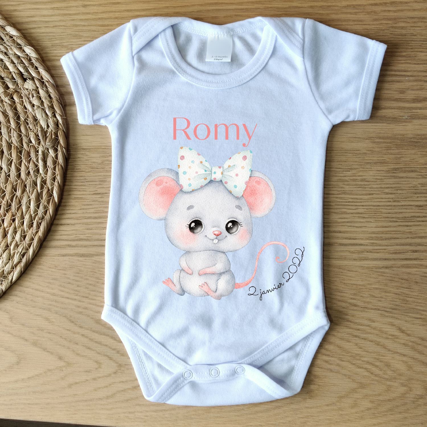 Body bébé date & prénom - ANIMAL SOURIS Romy – MIKODIN
