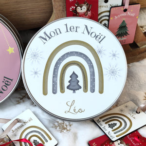 Boîte ronde message & prénom - NOËL Arc en ciel or & argent