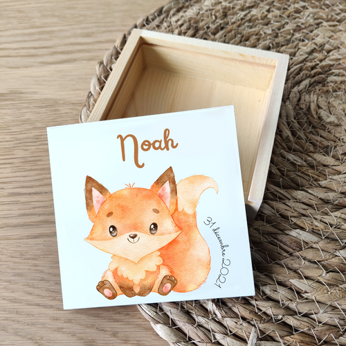 Boîte en bois date & prénom enfant - ANIMAL RENARD Noah