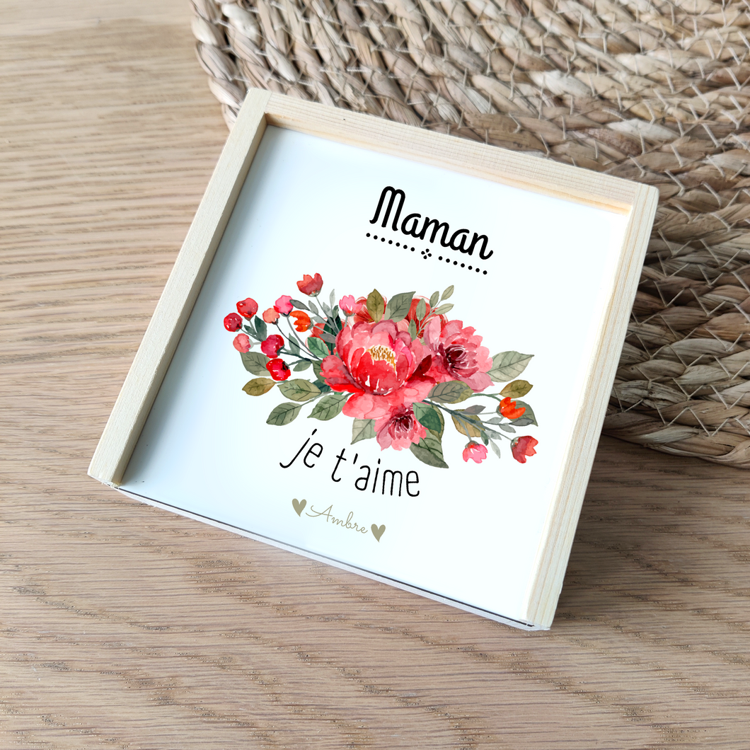 Boîte en bois message & prénom - JE T'AIME Bouquet
