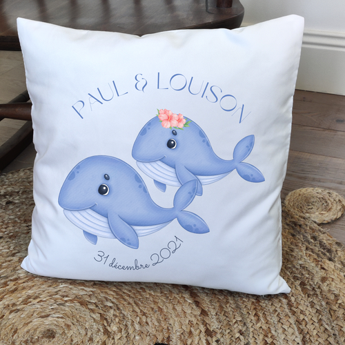 Coussin date & prénom enfant - ANIMAL BALEINE Jumeaux