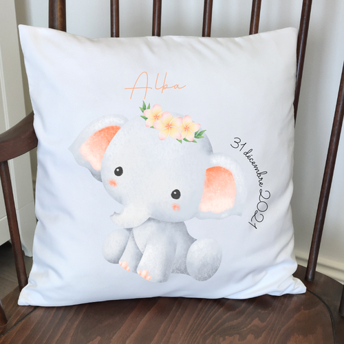 Coussin date & prénom enfant - ANIMAL ÉLÉPHANTE Alba