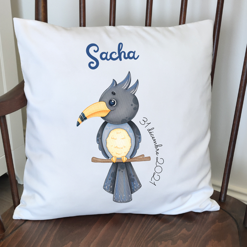 Coussin date & prénom enfant - ANIMAL OISEAU Sacha