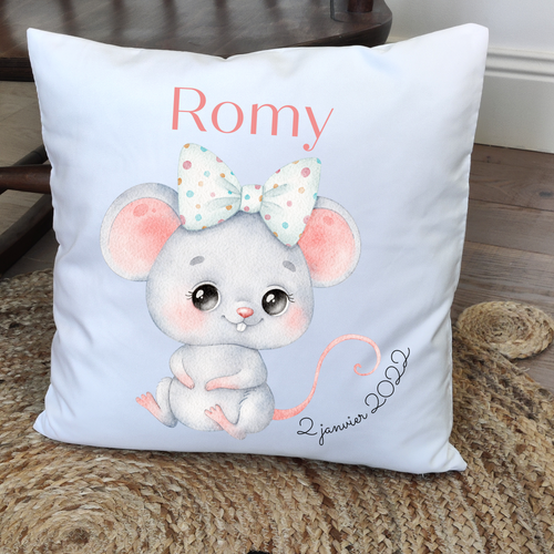 Coussin date & prénom enfant - ANIMAL SOURIS Romy