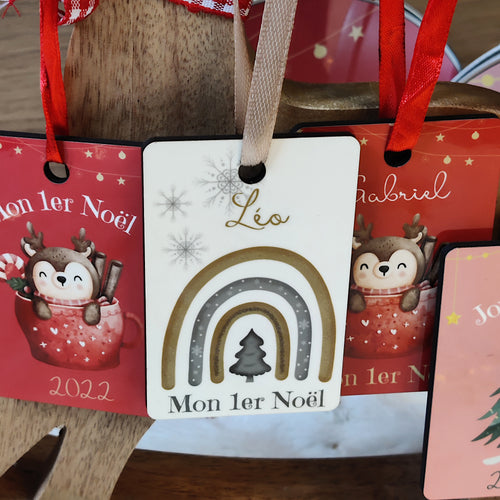 Déco sapin de Noël prénom - MON 1ER NOËL Arc en ciel or & argent