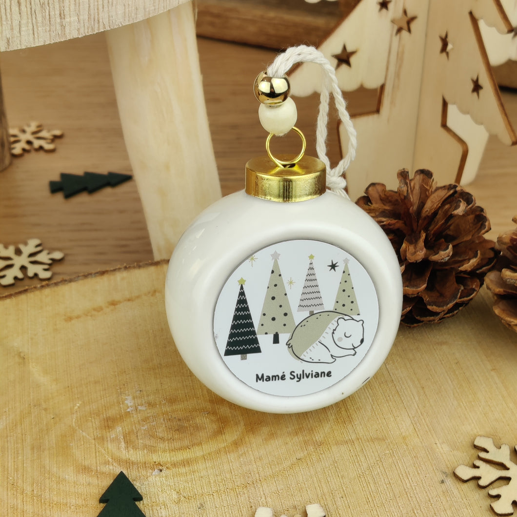 Boule de Noël en porcelaine SAPIN OURS - à personnaliser avec prénom