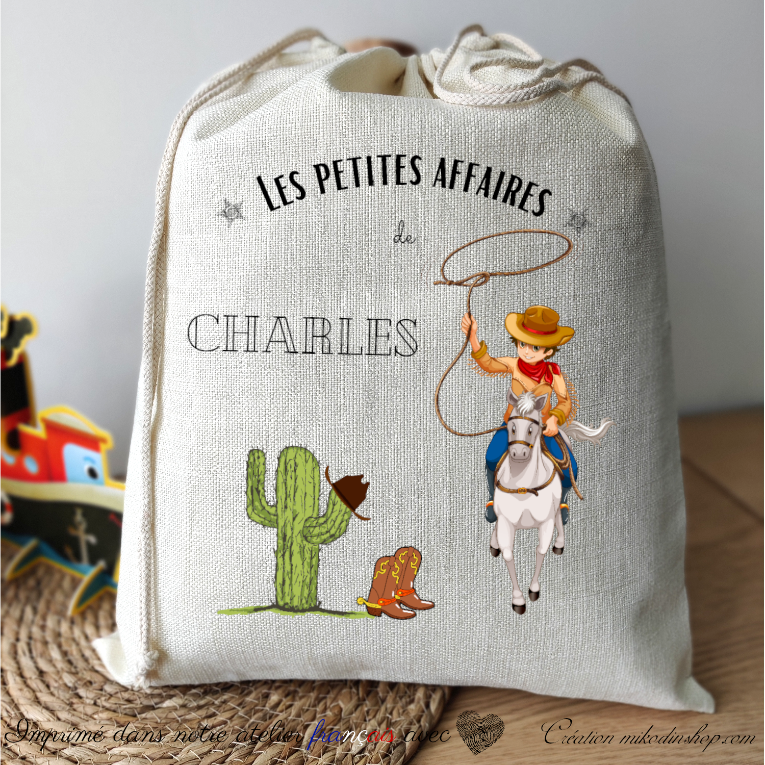 Grand sac à linge message prénom enfant CHARLES Western Cow-boy