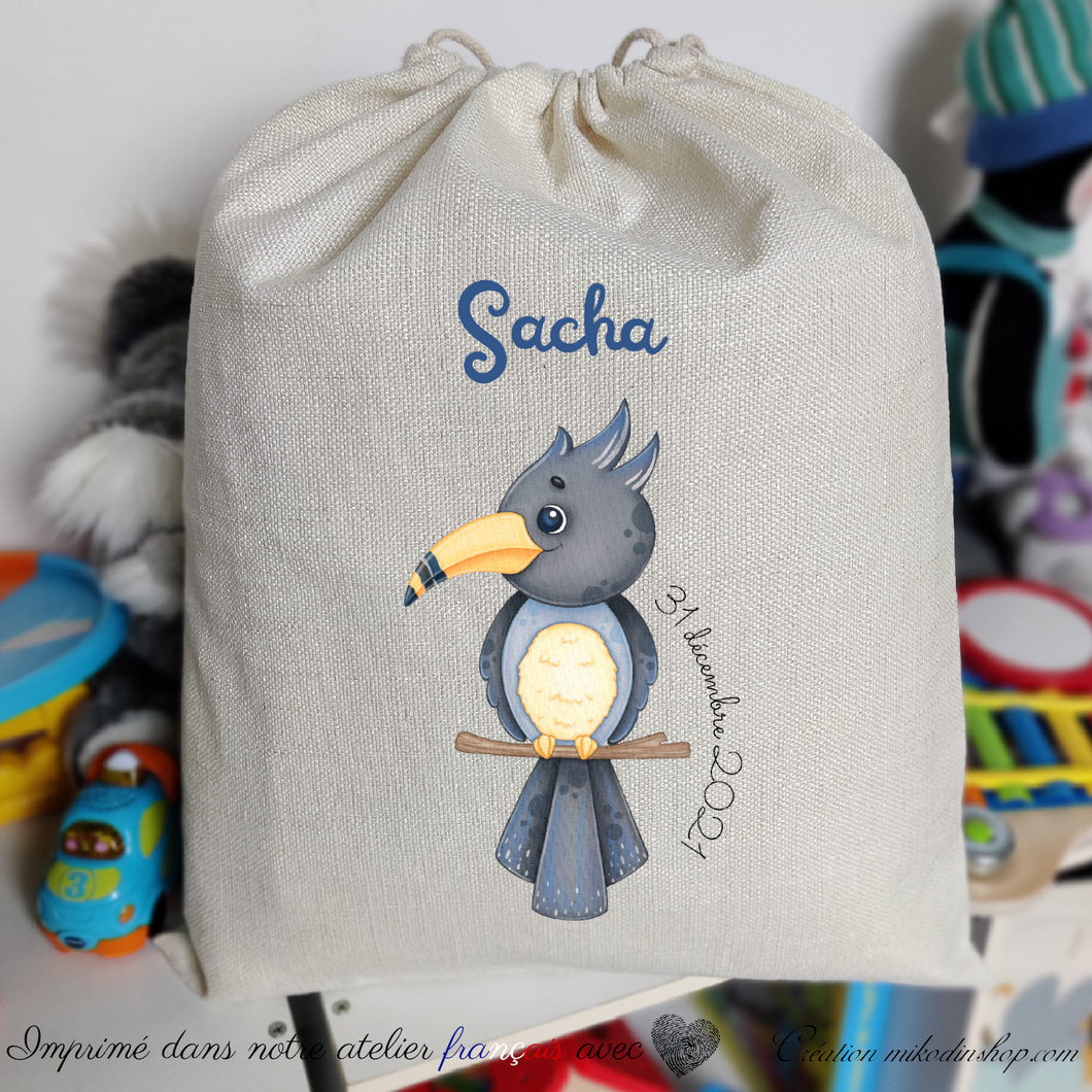 Grand sac à cordon date & prénom enfant - ANIMAL OISEAU Sacha