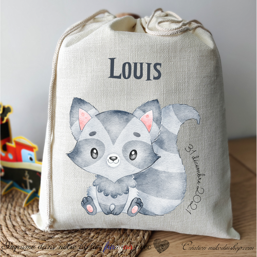 Grand sac à cordon date & prénom enfant - ANIMAL RATON-LAVEUR Louis