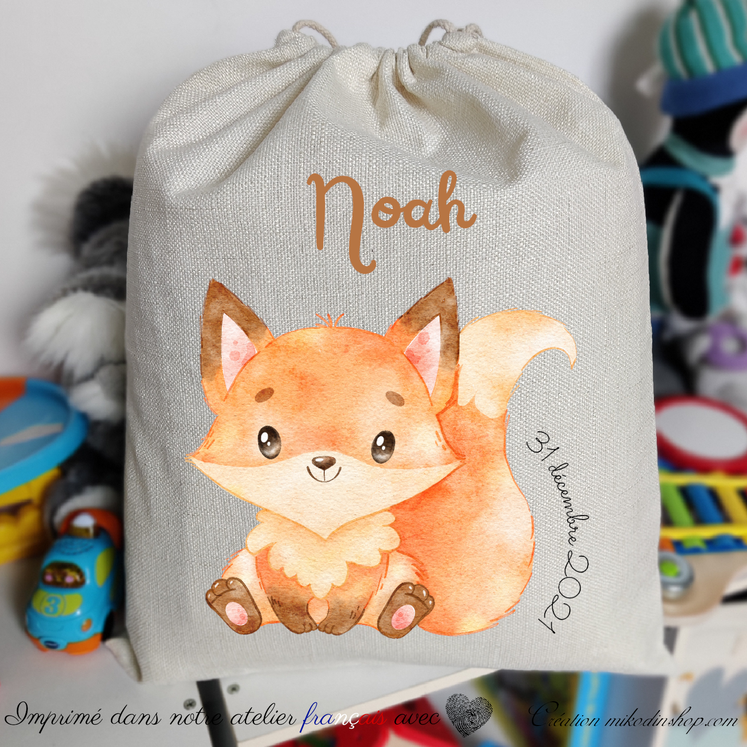 Grand sac cordon date pr nom enfant ANIMAL RENARD Noah MIKODIN