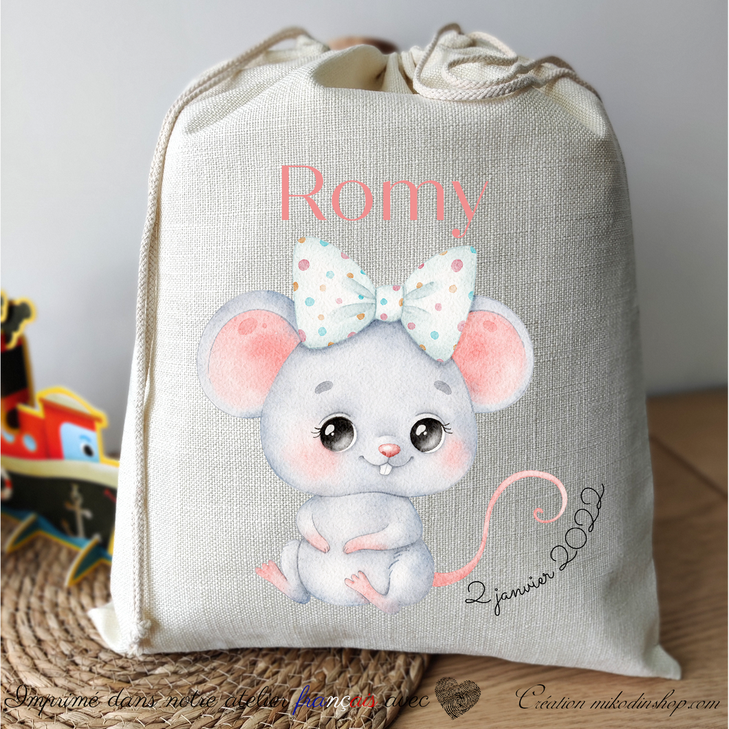 Grand sac à cordon date & prénom enfant - ANIMAL SOURIS Romy