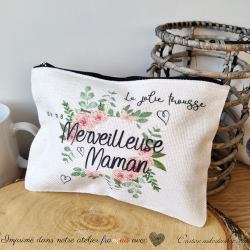 Trousse tissée prénom - MAMAN MERVEILLEUSE Couronne de roses