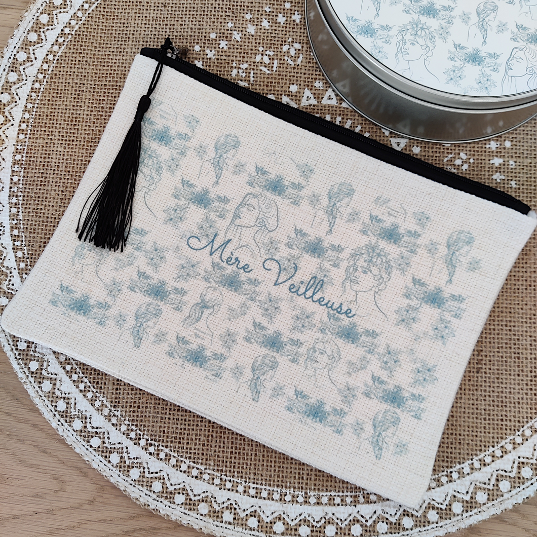 Trousse tissée prénom - TOILE IMPRIMÉE Bleue Mère Veilleuse